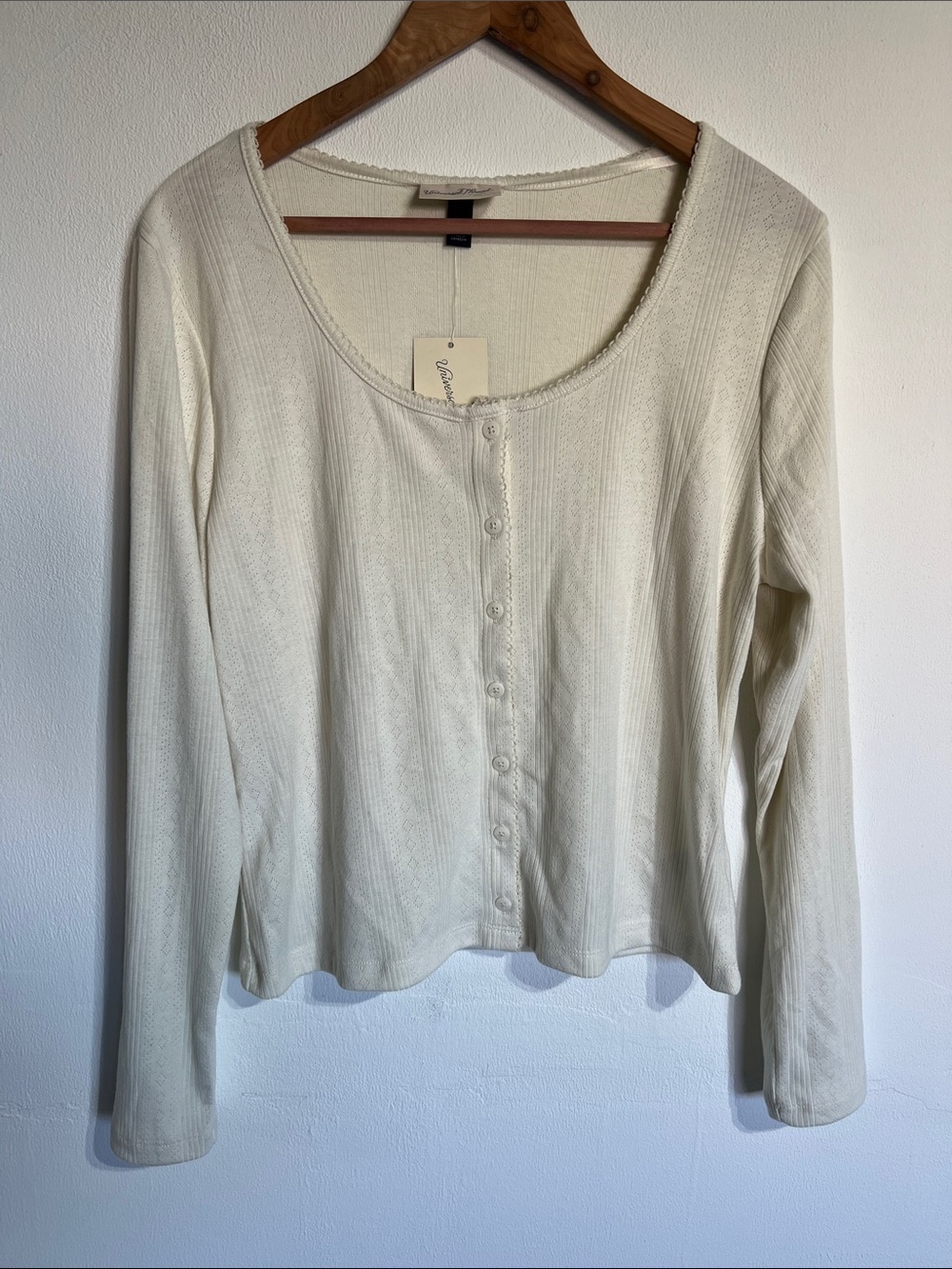 Universal Thread Cream Button-Front Long Sleeve Scoop Neck Top